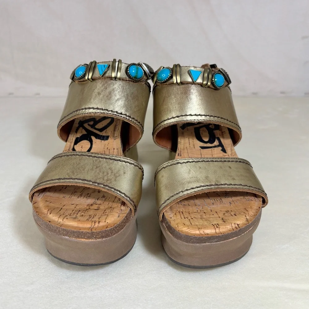OTBT Women’s Layover Wedge Sandals Gold With Turquoise Accents Size 9